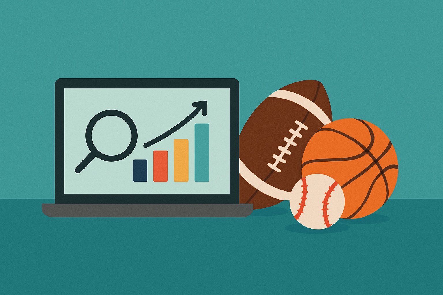 Digital Marketing Agency Cleveland Digital marketing graph on a laptop next to Cleveland-themed sports balls in a flat-style illustration.