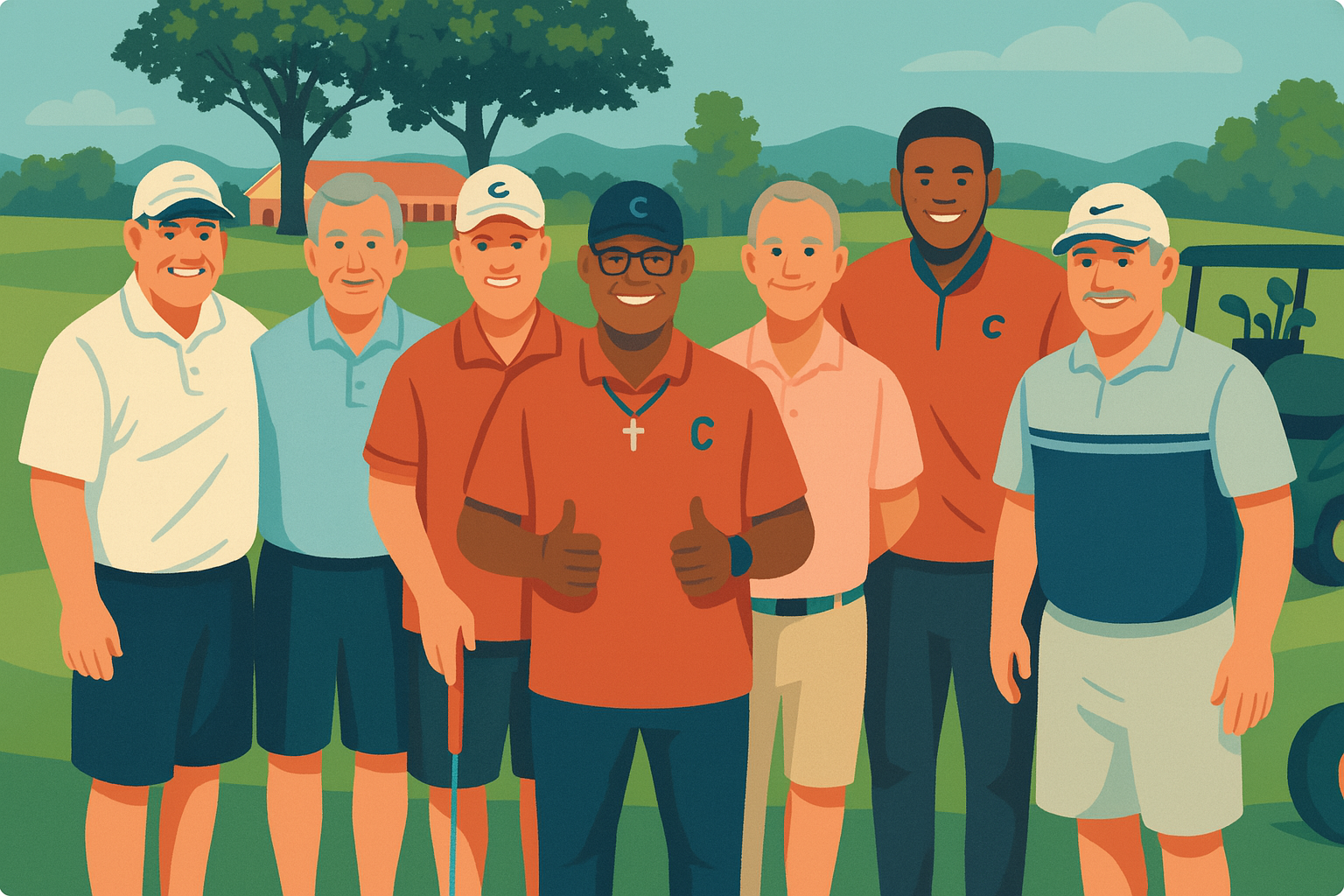 Photo of Dan Traci (left), Bob Conrad (second from left), and others at a golf outing.