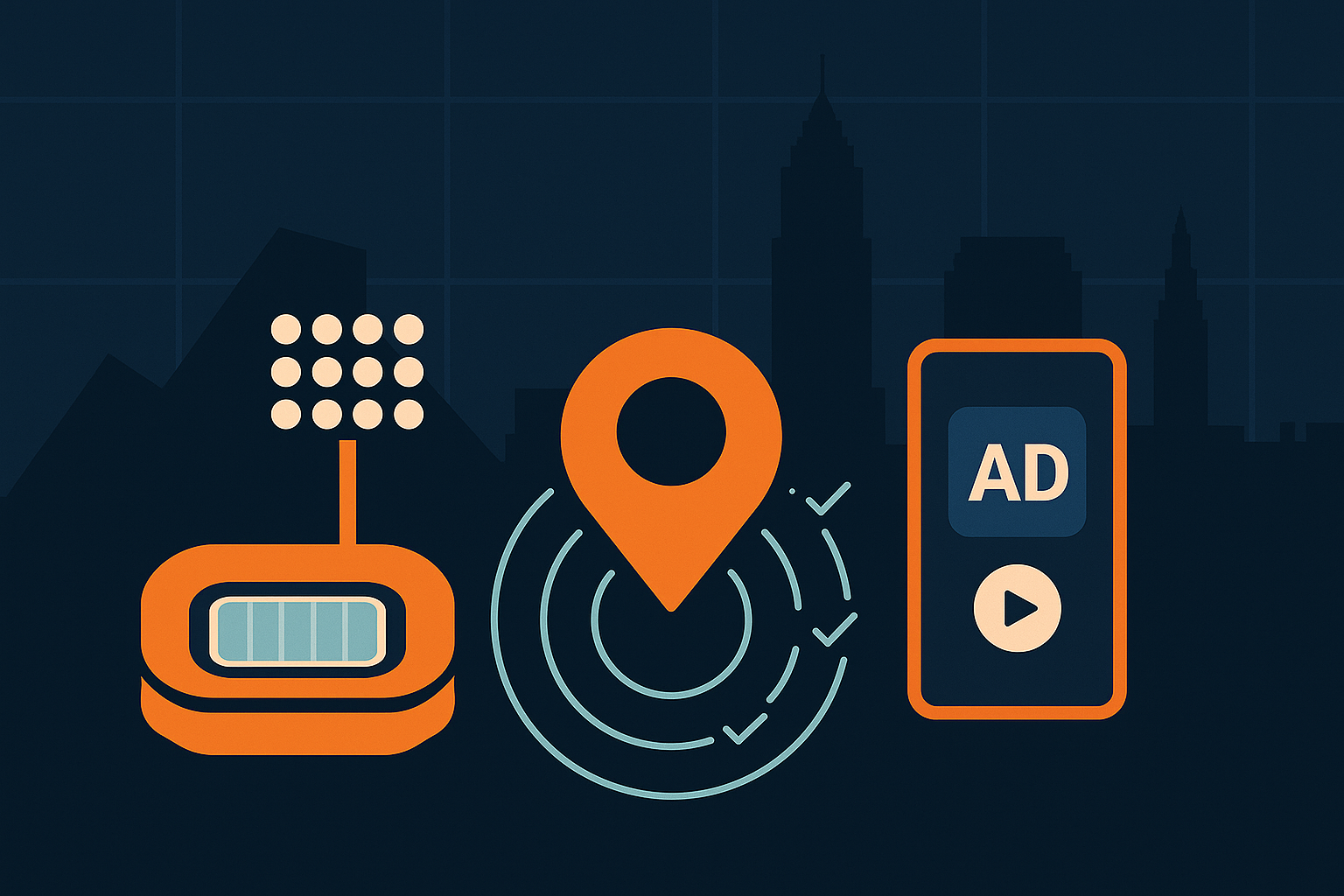 Cleveland ad agency Vector illustration of Cleveland sports marketing concept with a stadium, map pin, and smartphone ad against the Cleveland skyline.