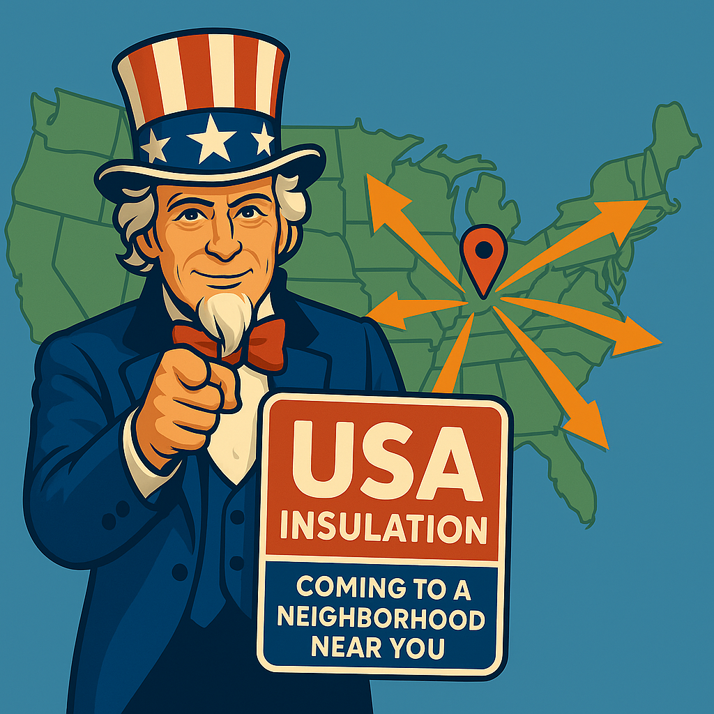 Anime Uncle Sam promotes USA Insulation with a sign reading “Coming to a Neighborhood Near You” against a U.S. map, highlighting franchise expansion from Cleveland.