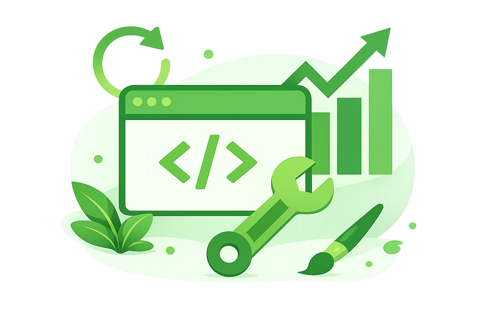 Website development and optimization concept featuring coding interface, tools, and growth charts, showcasing web design and technical marketing services in Cleveland Ohio.